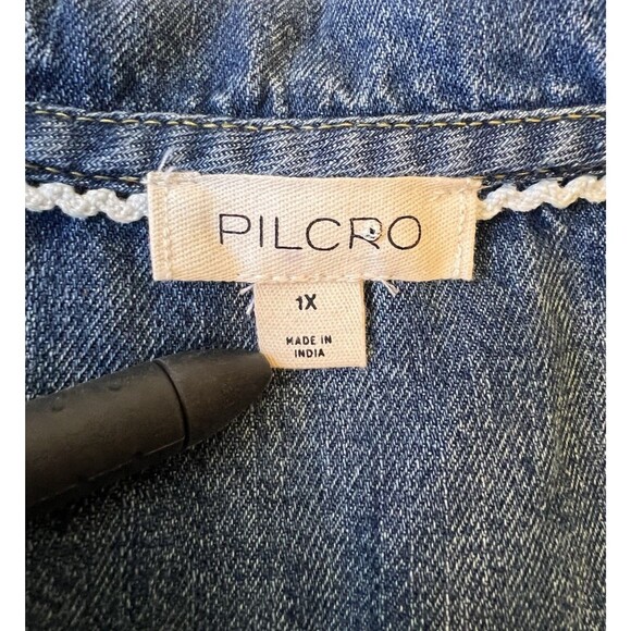 Anthropologie PILCRO Frill-Collar Blue Denim Buttondown Shirt 100% Cotton Sz 1X - Picture 7 of 8